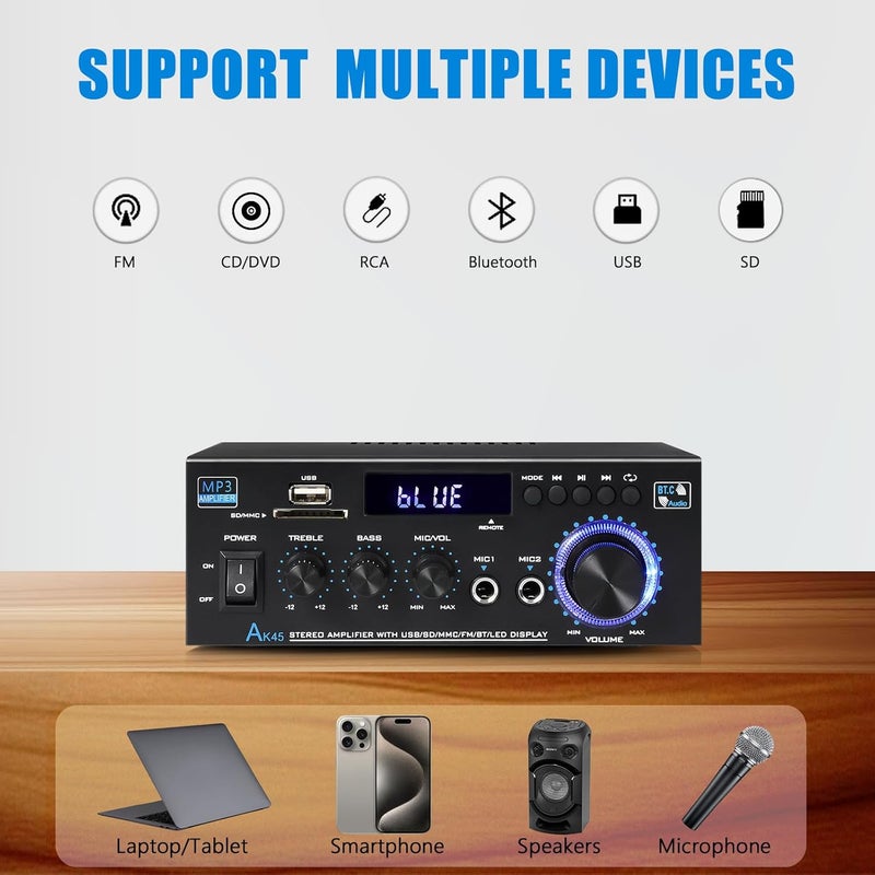 WOOPKER AK45 Bluetooth 5.0 Amplifier Home Audio Stereo Receivers,Max 300W, 2.0 Channel Stereo Power Amplifie System with USB,SD Card,RCA,2 MIC in, Home Amp for Home Theater Speakers,Studio, Karaoke - Image 2
